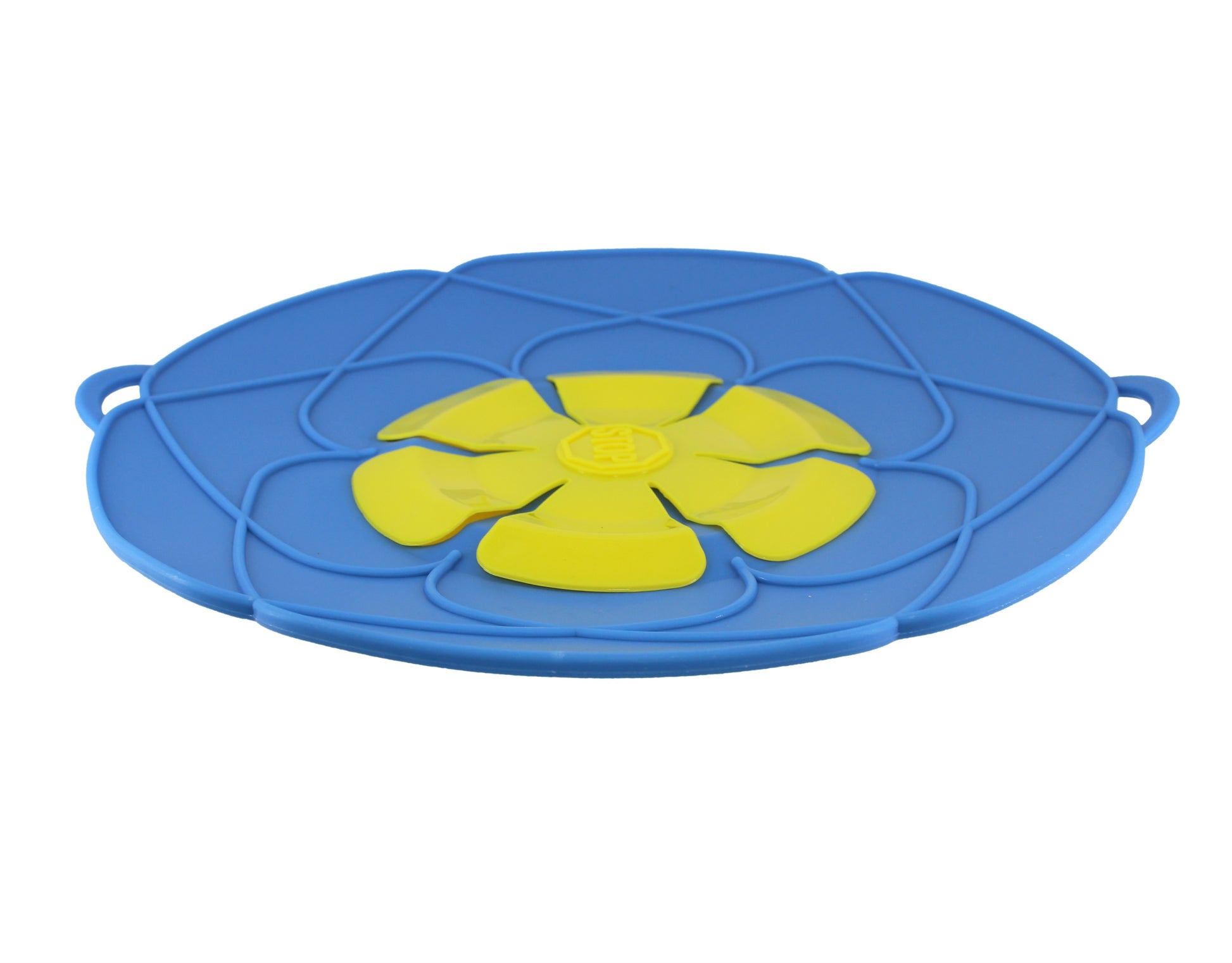 Blue silicone boil-over stopper with yellow centre