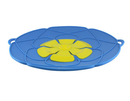 Blue silicone boil-over stopper with yellow centre