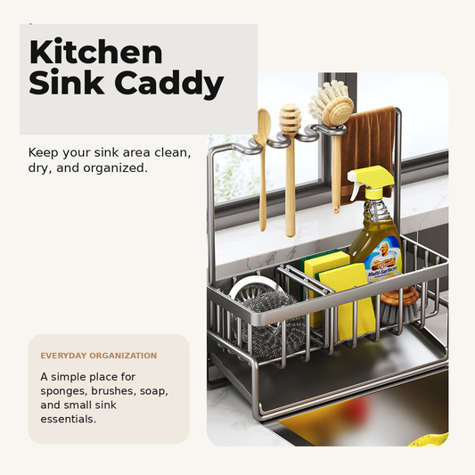 Kitchen Sink Caddy organized beside a kitchen sink